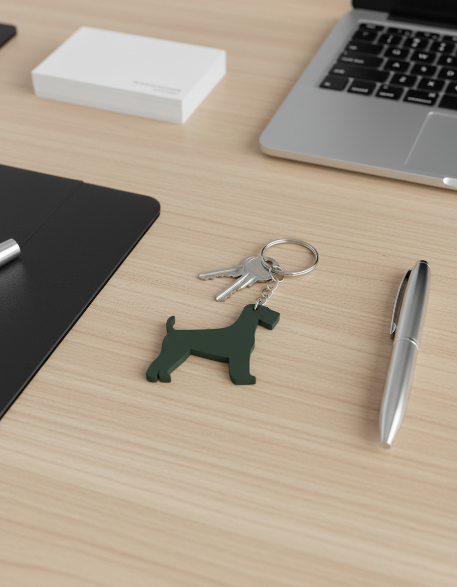 Green Airedale Terrier dog keyring lying on a wooden office desk next to keys, a laptop and a pen