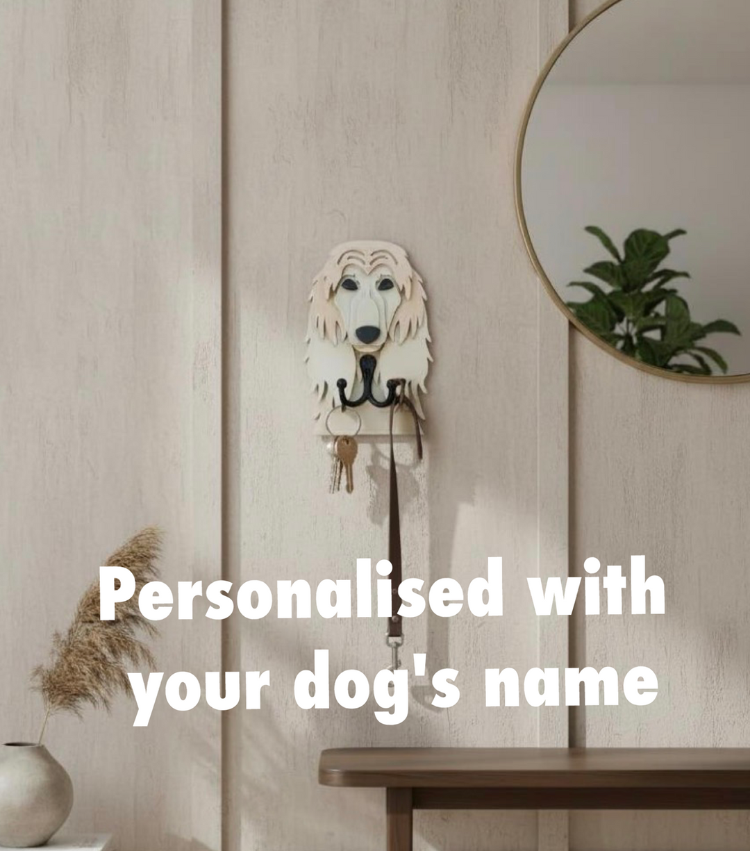 Personalised Afghan Hound dog face hook wall mount for keys and dog lead, custom name dog hook UK handmade