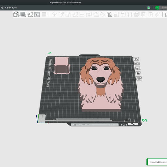 3D slicer preview showing an Afghan Hound face hook STL model arranged on the print bed in Bambu Studio.