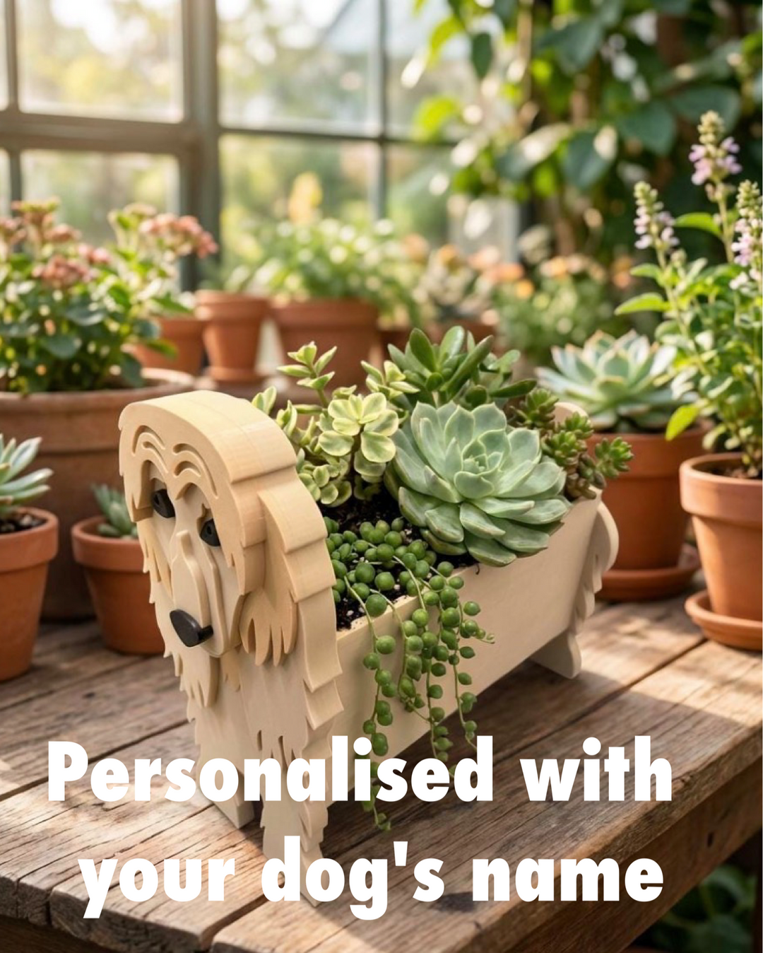 3D printed Afghan Hound dog planter filled with succulents on a wooden table in a bright garden setting, personalised dog plant pot gift