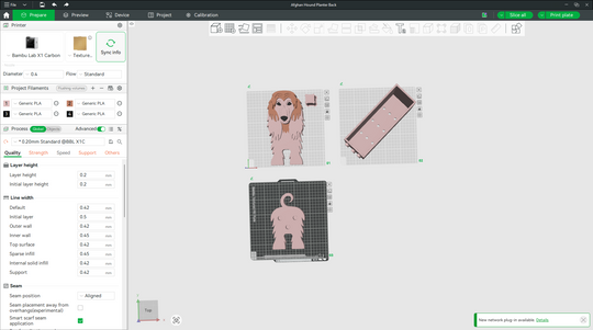 “Bambu Studio screenshot of 3D printed Afghan Hound planter parts on build plates.
