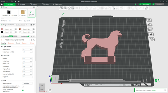 3D printed Afghan Hound wall hook model displayed in Bambu Studio slicer software on a virtual print bed, STL file prepared for 3D printing.