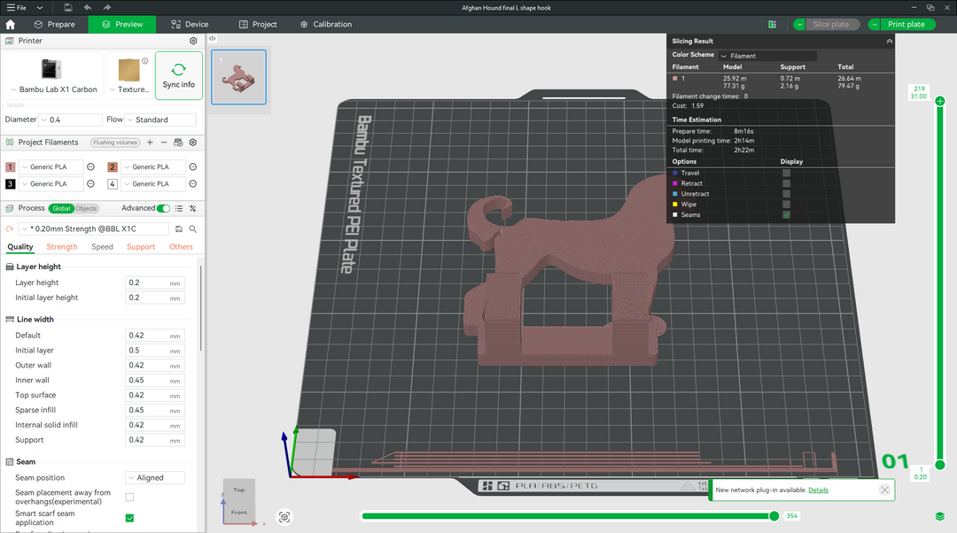 Afghan Hound wall hook STL model previewed in Bambu Studio slicer software showing slicing details and print layout, 3D printable digital file.