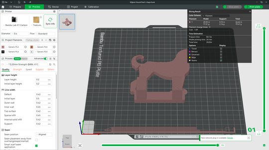 Afghan Hound wall hook STL model previewed in Bambu Studio slicer software showing slicing details and print layout, 3D printable digital file.