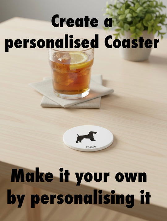 personalised Airedale Terrier coaster with name, custom dog drink coaster on table, dog lover gift UK