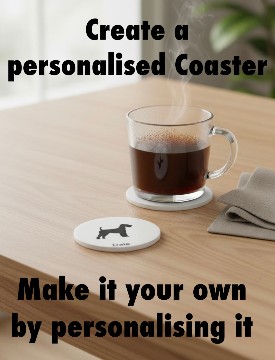personalised Airedale Terrier coaster with name, custom dog drink coaster on table, dog lover gift UK