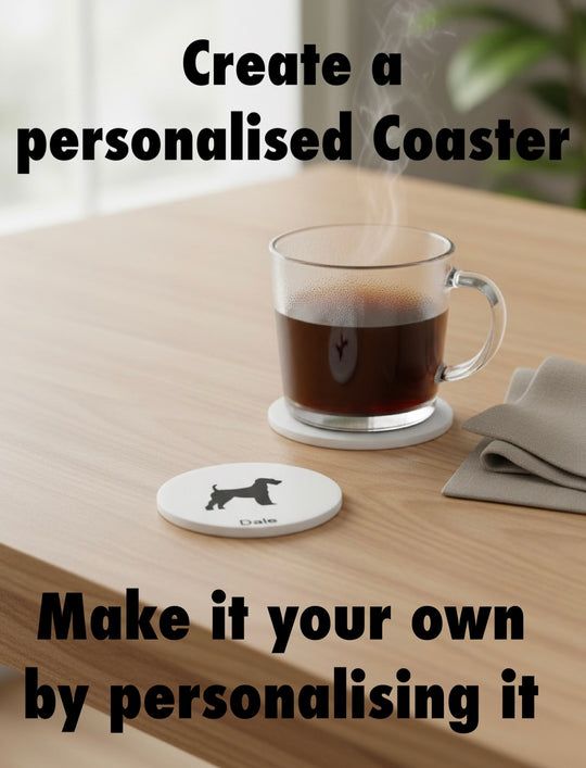 personalised Airedale Terrier coaster with name, custom dog drink coaster on table, dog lover gift UK