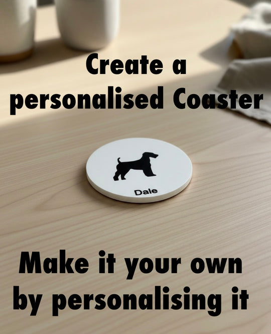 personalised Airedale Terrier coaster with name, custom dog drink coaster on table, dog lover gift UK