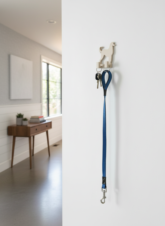 Dog leash hanging on a hook with a room in the background