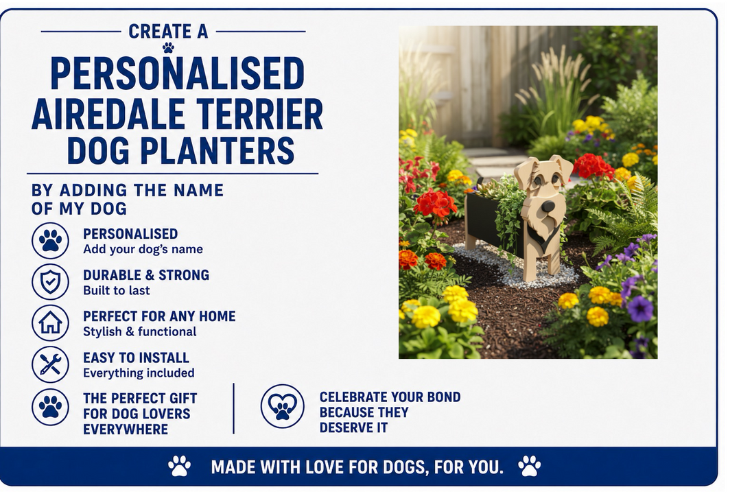 Advertisement for personalized Airedale Terrier dog planters with a dog in a garden.