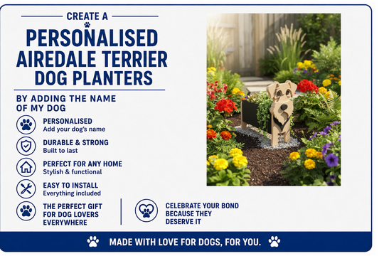 Advertisement for personalized Airedale Terrier dog planters with a dog in a garden.