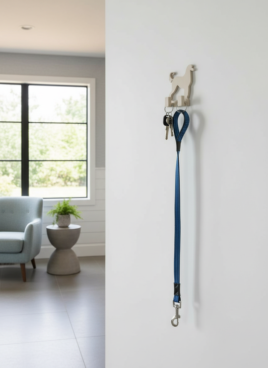 Dog leash hanging on a hook against a white wall with a room in the background.