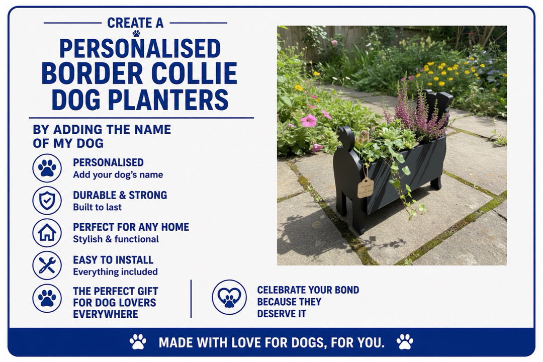Advertisement for personalized Border Collie dog planters with text and a photo of planters in a garden.
