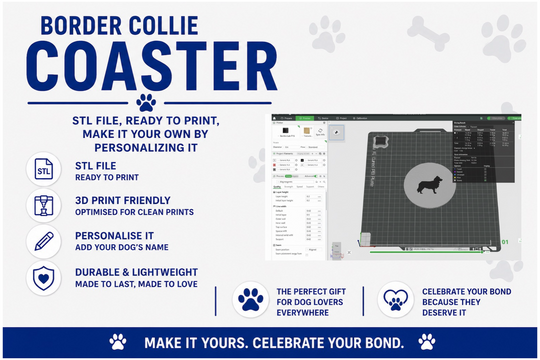 Advertisement for a Border Collie coaster with digital design software interface.