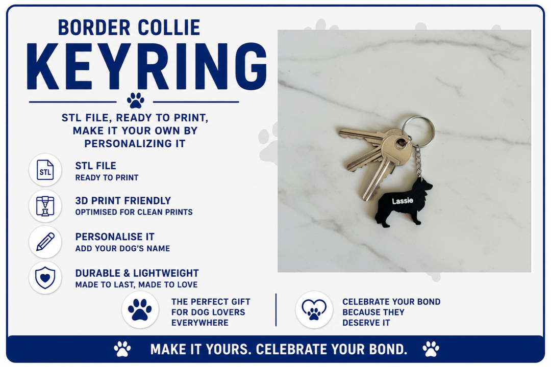 Border Collie keyring design with text on a white background
