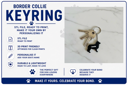 Border Collie keyring design with text on a white background