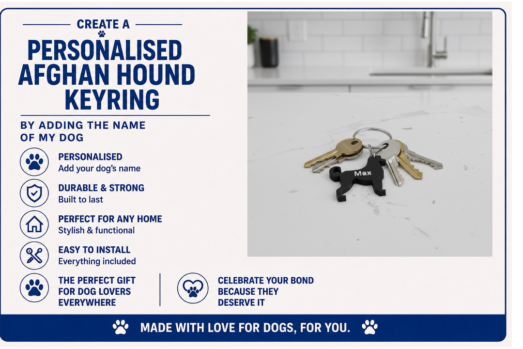 Personalised Afghan Hound keyring with text about customization and features.
