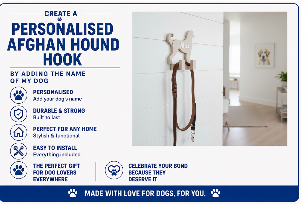 I Advertisement for a personalized Afghan Hound hook with product features and benefits.