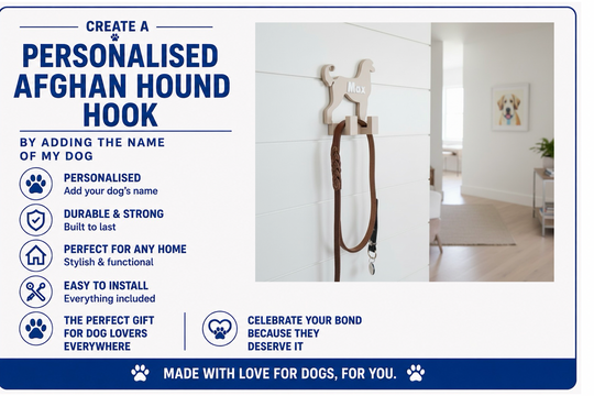 I Advertisement for a personalized Afghan Hound hook with product features and benefits.