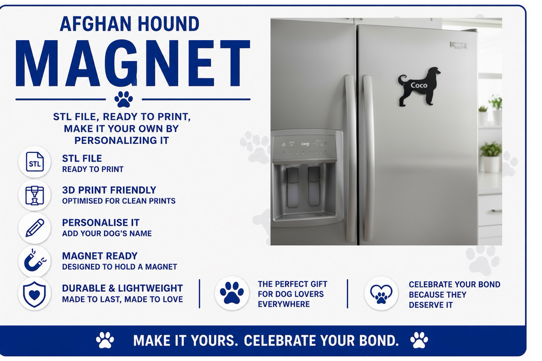 Advertisement for an Afghan Hound magnet with a refrigerator display.