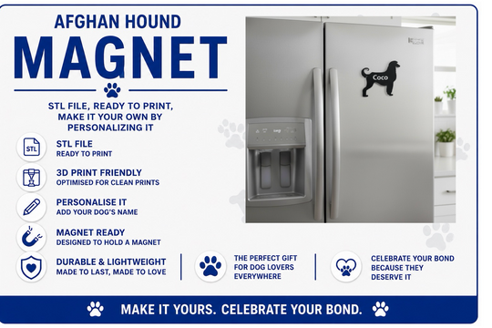 Advertisement for an Afghan Hound magnet with a refrigerator display.