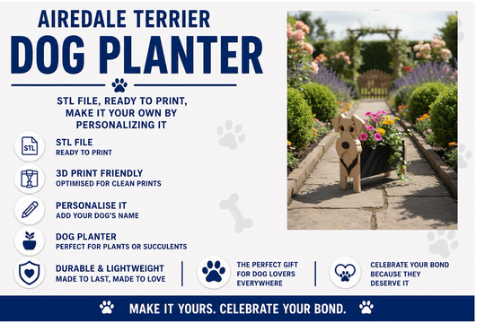 Airedale Terrier dog planter with garden background and product details.