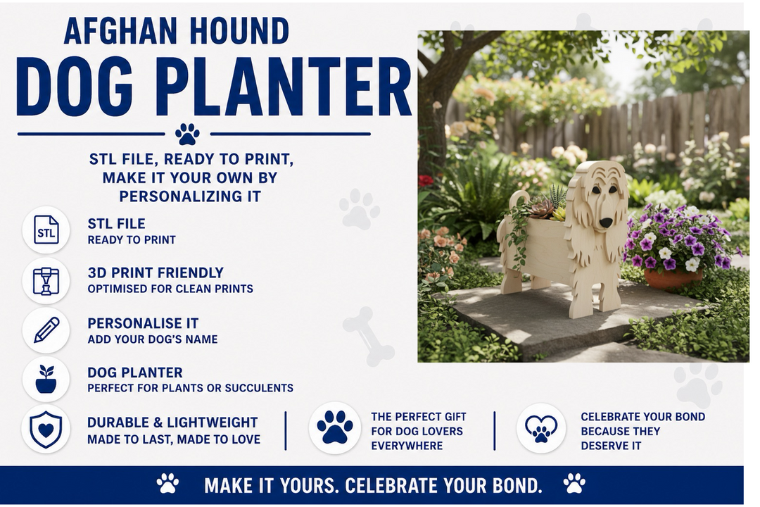 Afghan Hound dog planter with promotional text and image of a garden setting.