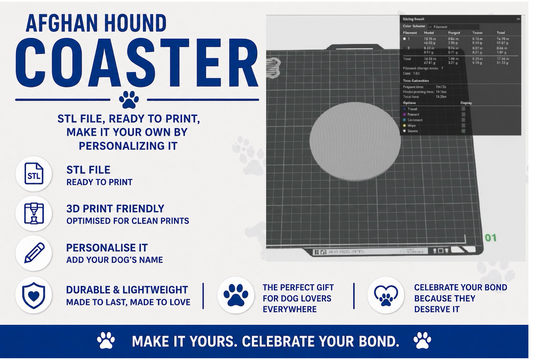 Afghan Hound coaster design with 3D printing instructions and options.