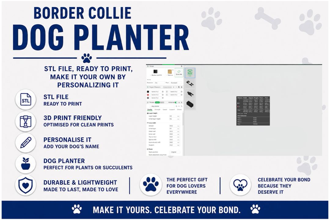 Dog planter product with text and graphics on a white background