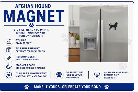 Advertisement for an Afghan Hound magnet with a refrigerator display.