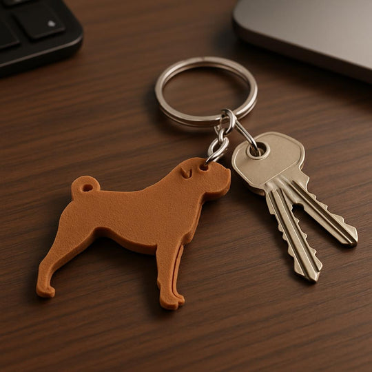 Keychain with dog-shaped tag and key on a wooden surface