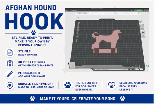 3D printing design software interface with a dog icon on a grid, text about Afghan Hound hook, and branding elements.