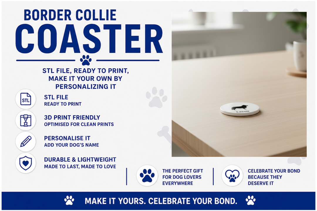 Advertisement for a Border Collie coaster with product details and a sample coaster on a table.