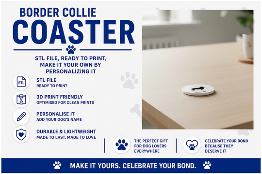 Advertisement for a Border Collie coaster with product details and a sample coaster on a table.