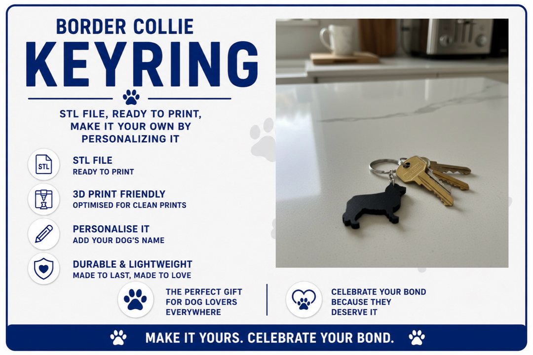 Border Collie keyring on a kitchen counter with promotional text about customizable keyring.