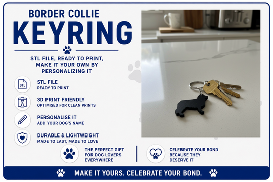 Border Collie keyring on a kitchen counter with promotional text about customizable keyring.