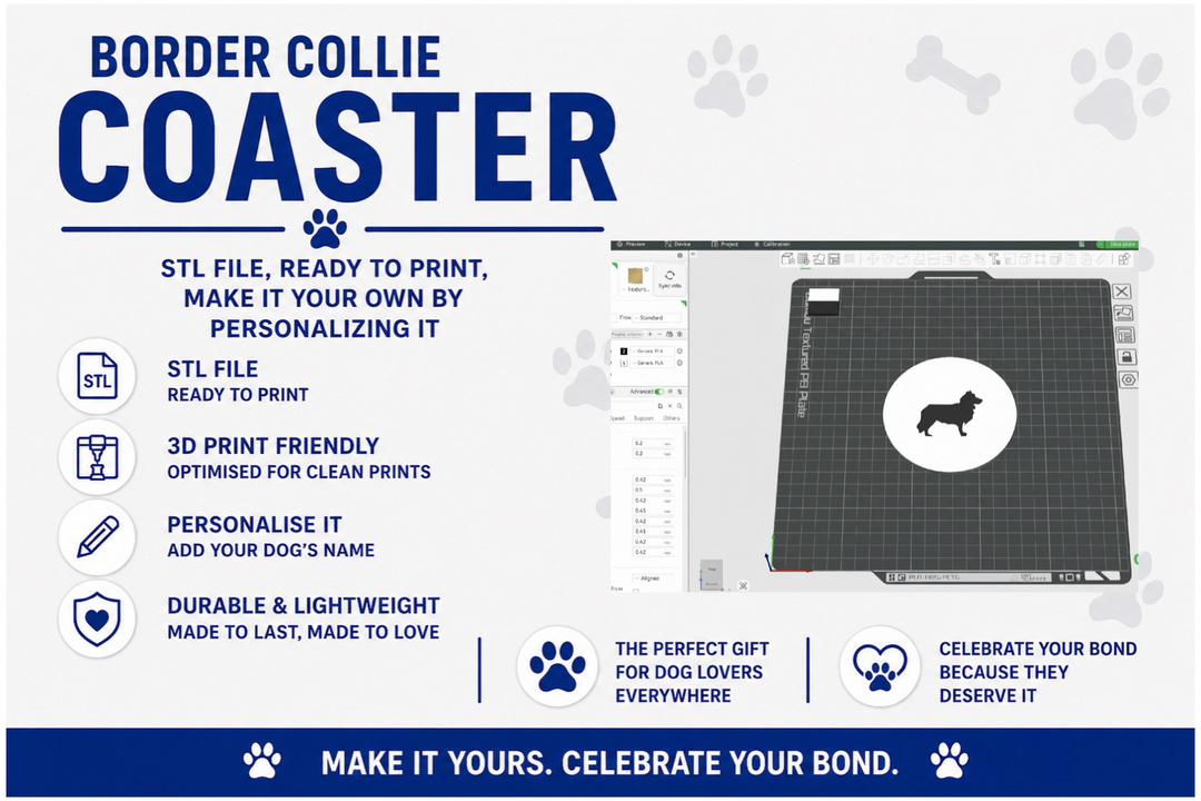 Advertisement for a Border Collie coaster with digital design software interface.