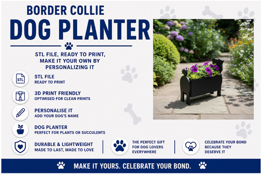 Advertisement for a Border Collie dog planter with product details and a photo of the planter in a garden.