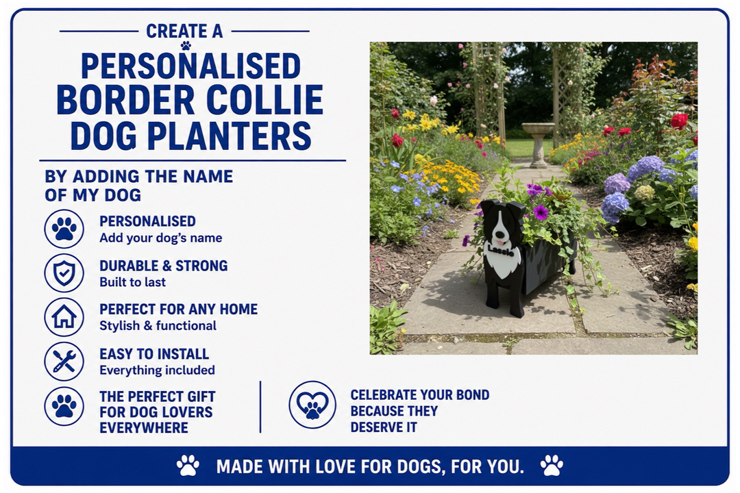Advertisement for personalized border collie dog planters with a photo of a dog in a garden.