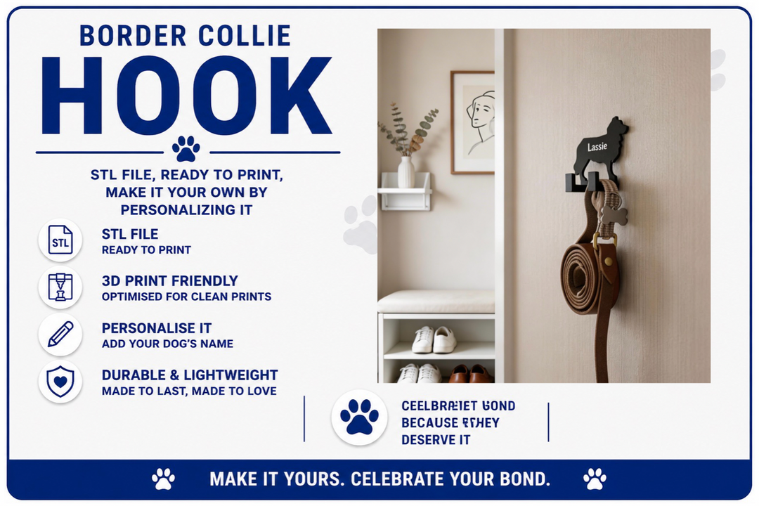 Advertisement for a Border Collie hook with product details and a sample installation on a wall.