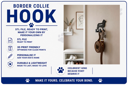 Advertisement for a Border Collie hook with product details and a sample installation on a wall.