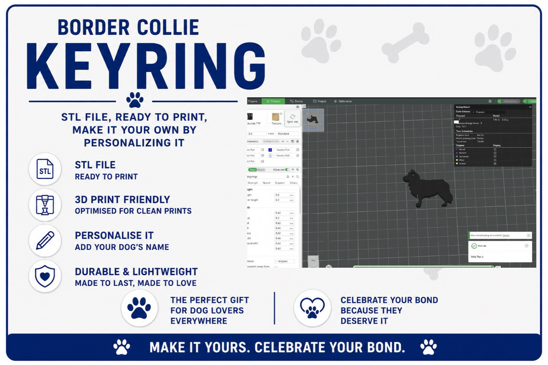 Promotional graphic for a Border Collie keyring with design software interface.