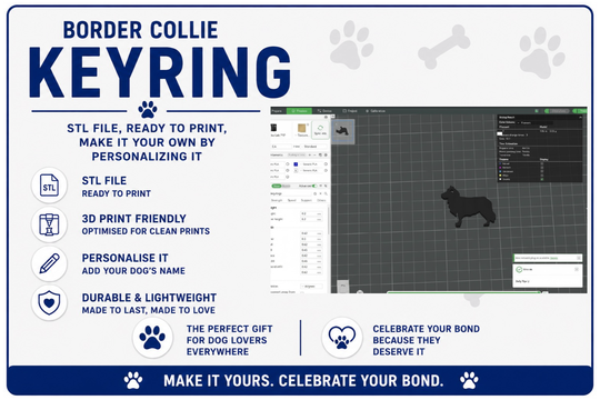 Promotional graphic for a Border Collie keyring with design software interface.