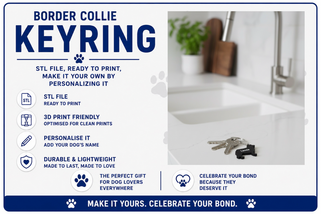 Advertisement for a Border Collie keyring with product details and a kitchen background.