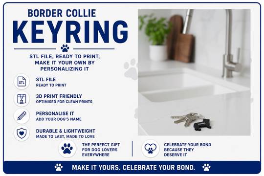 Advertisement for a Border Collie keyring with product details and a kitchen background.