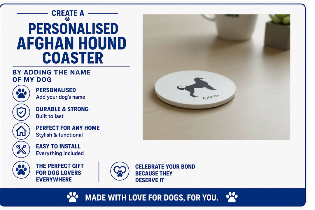 Personalised Afghan Hound coaster with text detailing features and customization options.