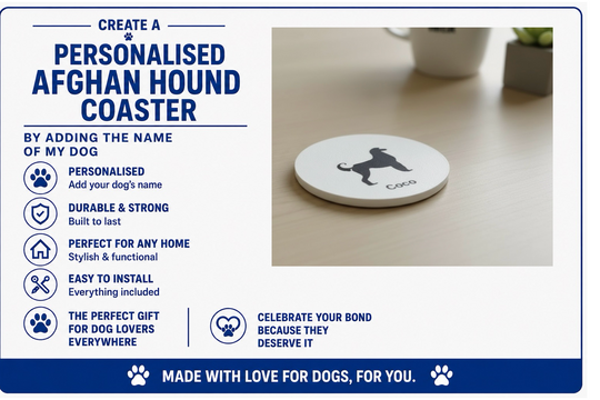 Personalised Afghan Hound coaster with text detailing features and customization options.