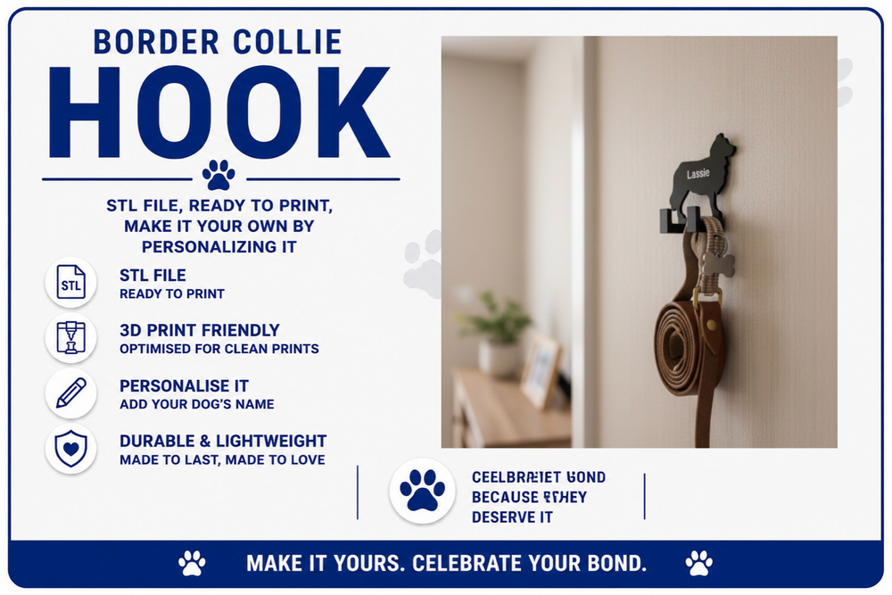 Advertisement for a Border Collie hook with product details and a sample installation on a wall.