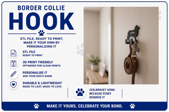 Advertisement for a Border Collie hook with product details and a sample installation on a wall.