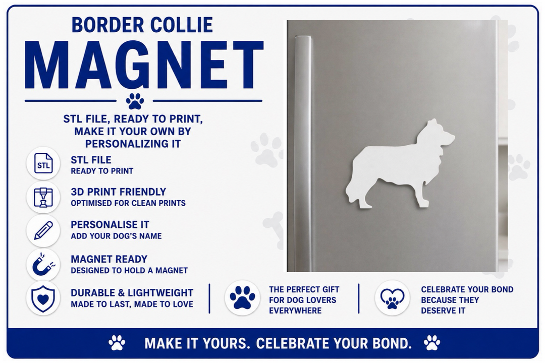 Silhouette of a Border Collie on a metal magnet with promotional text.